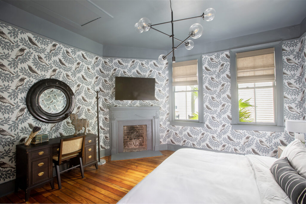 An interior view of a beautiful Charleston vacation rental bedroom.